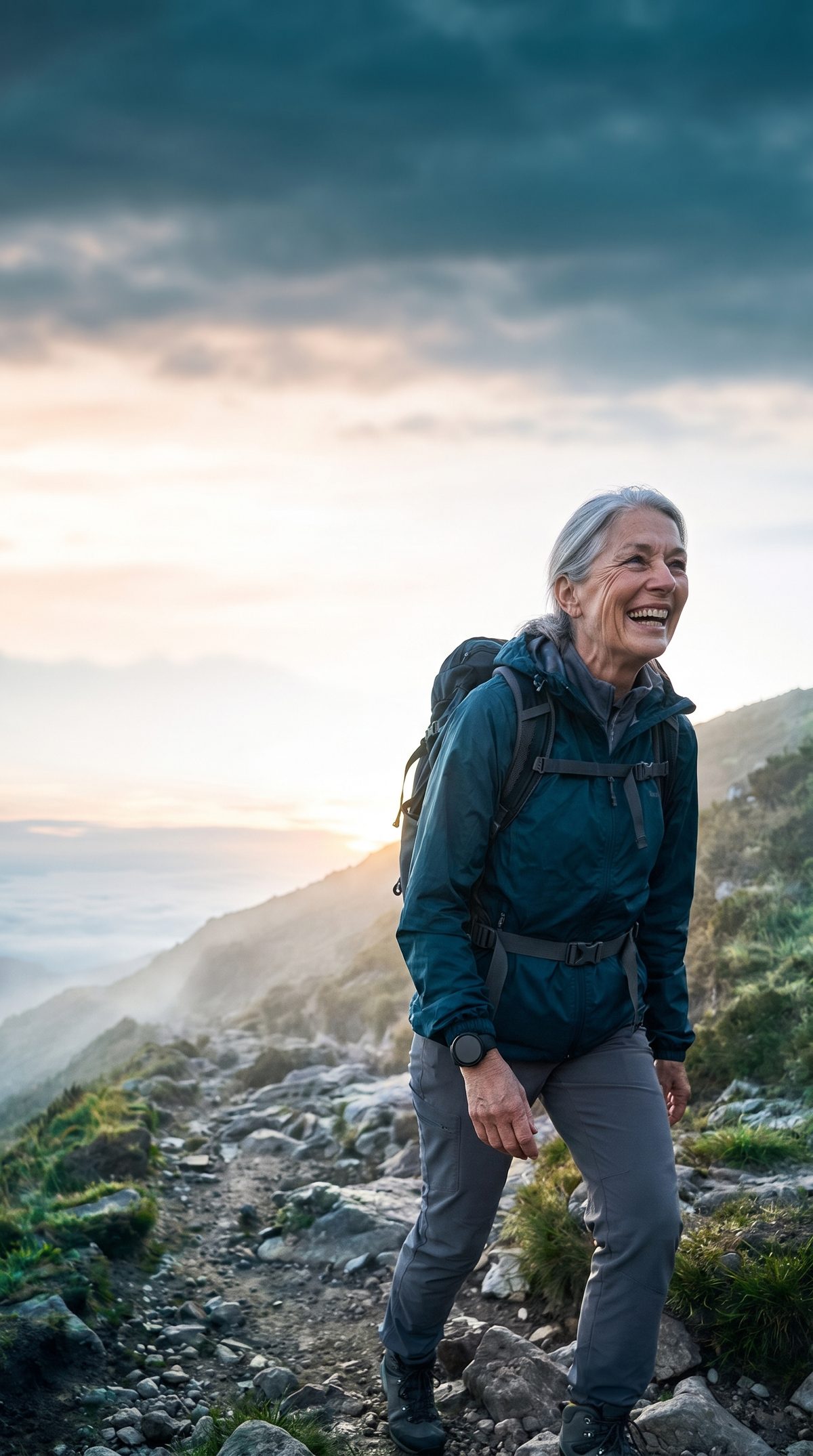 Mujer de unos sesenta y cinco años sube sonriente un sendero de montaña al amanecer